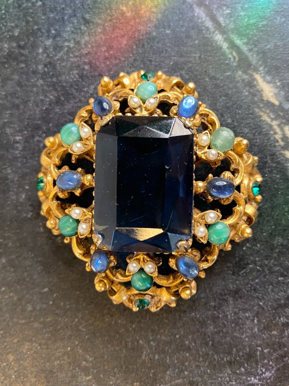 Vintage Florenza Brooch Pendant w/ Large Emerald-cut Sapphire Blue Glass Stone - Picture 7 of 14